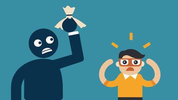 Security Alarm An alarm is depicted ringing loudly above a robbers head as he hurriedly fills his bag with cash eyebrows raised in panic.. vector