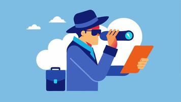 Undercover Investigation An investigator disguised in casual clothing discreetly observing a business operation from a distance with binoculars in hand and a notebook for jotting. vector