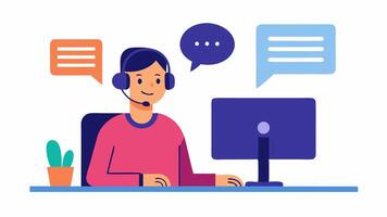 Support Chat An illustration of a support spet sitting at a desk with a headset on chatting with a user on their computer screen displaying a chat window with questions about. vector