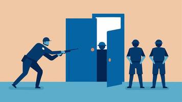 Secure the Area One officer securing the left side of the room while the others enter demonstrating the strategy of clearing a space carefully.. vector