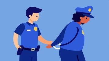 Side View Arrest A side profile of a police officer in a blue uniform and a belt with equipment as they secure the suspects hands behind them with handcuffs.. vector
