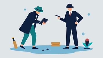 Teamwork Two detectives discussing findings one pointing to a bullet casing on the ground while the other takes notes with a notepad in hand.. vector