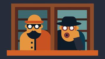 Window Watchers A scene featuring two criminals peering out of a boardedup window with one looking through binoculars while the other keeps watch with a wary expression.. vector