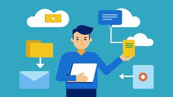 Resource Sharing A professional sharing downloadable resources and guides through email or a cloud service during a training session exemplifying digital collaboration.. vector