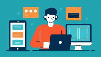Responsive Design Testing A designer adjusts an interface layout between devices laptop tablet smartphone to ensure a consistent user experience across different screen sizes.. vector