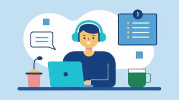 Webinar Management A technician sitting at a computer wearing headphones and monitoring the live chat from an online webinar with notes and a coffee cup on the desk.. vector