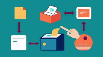 Scanning Process A stepbystep diagram depicting the process of placing a finger on the scanner capturing the print and sending it to a digital database.. vector