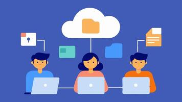 Resource Sharing An illustration showing a cloud storage icon with files being shared while a coordinator shares documents with team members through their laptops.. vector