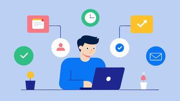 Task Assignment The project manager assigning tasks in a virtual project management tool with notifications flying off towards team members icons each marked with their respective. vector