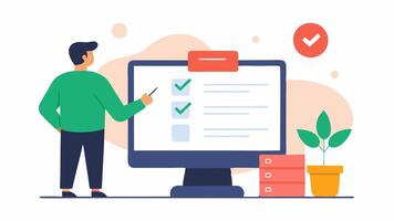Uploading Course Material A professional uploading files to an online learning platform checking off items on a todo list displayed on a nearby screen.. vector