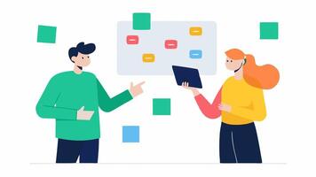 Strategy Planning A digital marketplace consultant brainstorming strategies with a client surrounded by sticky notes on a whiteboard highlighting keywords like SEO product listings. vector
