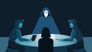 Shady Meeting A cloaked figure stands confidently at the head of a dimly lit table pointing at a map while three associates sit around listening intently.. vector