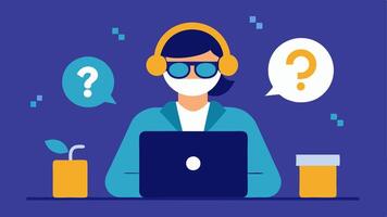 Searching for Clues An investigator wearing headphones and using forensic software on a laptop with digital magnifying glasses and question marks floating around.. vector