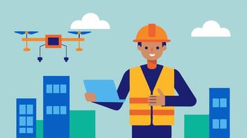 Surveying a Construction Site An operator standing on a construction site focusing on a tablet with a drone hovering above to capture aerial measurements of the development area.. vector