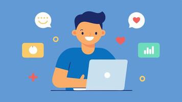 Social Media Engagement A cheerful animator reviewing social media analytics on a laptop with thumbsup and heart emojis floating around illustrating engagement metrics for their. vector
