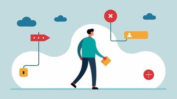 Tech Detox Journey A person walking a path labeled Tech Detox with signs illustrating simple daily actions while a professional provides encouragement from the side.. vector