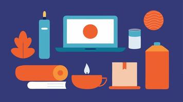 Therapy Tools An array of common therapy tools such as journals calming items like candles or stress balls and a laptop depicting the essentials for remote counseling.. vector