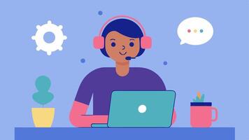 Remote Support Setup A customer service representative working from home interacting with an AIdriven support tool on a laptop showcasing a comfortable workspace.. vector
