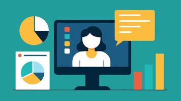 Success Metrics A detailed graphic of pie charts and analytics on a monitor showing a virtual assistant analyzing data to support exeives in decisionmaking.. vector