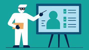 Training Session An illustration of a forensic scientist teaching a group of trainees about ballistic analysis techniques with visual aids on a presentation board.. vector