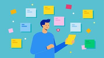Social Media Planning A marketing manager surrounded by sticky notes and planning boards with sketches of engagement metrics while reviewing social media posts created by. vector