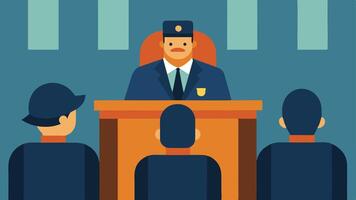 These illustrations together illustrate the atmosphere and dynamics within a courtroom during a police officers testimony.. vector