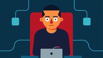 Suspects Expression A of a nervouslooking suspect sitting in a chair with furrowed brows and biting their lip. The polygraph machine is connected to their fingertips.. vector