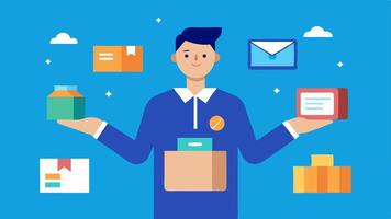 Subscription Product Showcase A consultant presenting products or service offerings that can be subscribed to depicted through creative representations of various subscription. vector