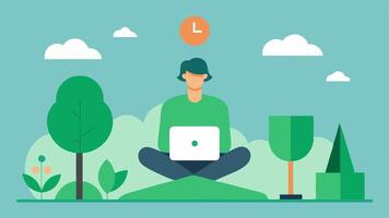 WorkLife Balance An analyst working on their laptop outdoors surrounded by greenery to depict the ideal blend of professional work and environmental surroundings.. vector
