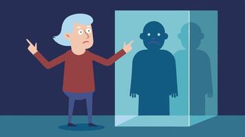 Witness Observation A witness a middleaged person with a nervous expression stands behind a glass panel pointing directly at one of the shadowy figures in the lineup.. vector
