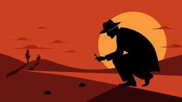 Sunset Background A detective silhouetted against a sunset bending down to pick up a bullet casing from a dirt road creating a dramatic scene.. vector