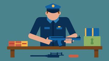 Weapons Loading An officer loading ammunition into a service rifle with additional weapons and equipment laid out on a nearby table.. vector