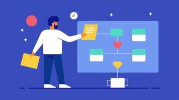 Project Management A project board filled with postit notes and progress charts showing a consultant in action organizing ideas and tasks gathered from the crowdsourced input.. vector