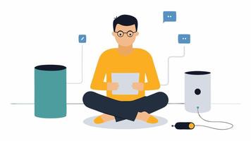 Setting Up a Smart Speaker A technician sits crosslegged on the floor unboxing a smart speaker and reading the user manual while wires and connectors are spread out around them.. vector
