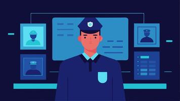 Security Footage Analysis A police officer standing in front of a large screen displaying grainy security footage with a digital overlay of facial recognition analysis.. vector