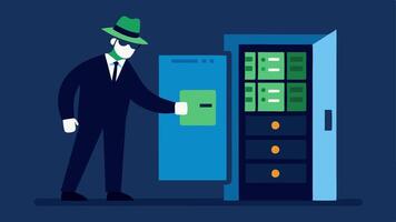 Secure Storage A illustration showing an investigator locking a digital storage device in a secure evidence locker with a background of a data center.. vector
