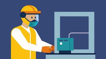 Safety Gear A technician wearing gloves and goggles while operating a 3D printer highlighting safety in the workplace.. vector