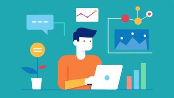 Sales Data Analysis A strategist working with a chart display highlighting key statistics about social mediadriven sales such as conversion rates and customer feedback.. vector