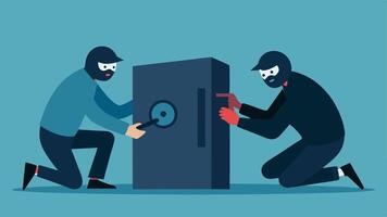 Safe Cracking A robber kneeling in front of a wall safe using a tool to pry it open while the other robber keeps watch.. vector