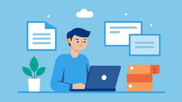 Return Management A professional managing returns looking at a return request on a laptop while organizing returned items in the background.. vector