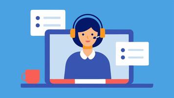 Tech Troubleshooting A planner with a headset located at a laptop appearing focused and solving technical issues during a live virtual event with error messages and a support chat. vector