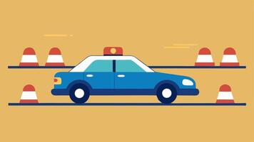 Traffic Jam Encounter A police car with its lights on is stuck in traffic as the suspects vehicle weaves between cars trying to escape down an open side street.. vector