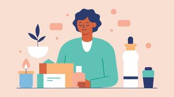 SelfCare Box Curation A wellness expert testing various skincare products and candles focused on creating a relaxing selfcare themed subscription box.. vector