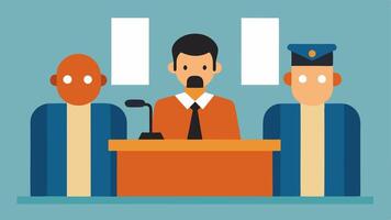 Sentencing A tense moment of the defendant in handcuffs receiving a verdict from the judge with the jury box visible in the background.. vector