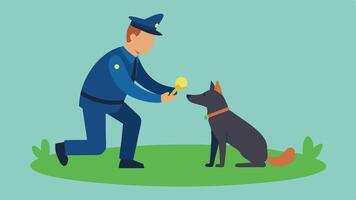 Training in Progress A handler rewards the police dog with a toy after successfully finding a hidden item set in a grassy training field.. vector