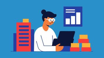 Statistical Analysis A data scientist using a calculator and a stack of reports filled with data illustrating the quantitative aspect of their work.. vector