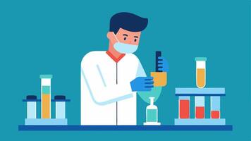 Sample Preparation An illustration of a lab technician preparing various biological samples for analysis in vials with labels and gloves used for safety.. vector