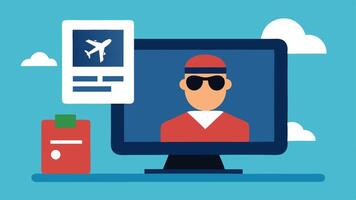 Surveillance Footage An illustration depicting a computer screen with grainy footage of a character using a fake passport to board a flight highlighting the tension of being. vector