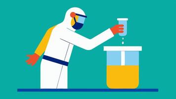 Sample Preparation A hand holding a sample vial and pouring its contents into a larger container with protective gear shown on the scientist.. vector