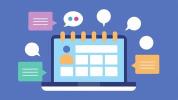 Social Media Promotion An organizer scheduling social media posts on a laptop while discussing strategies to increase online engagement and attract more participants.. vector